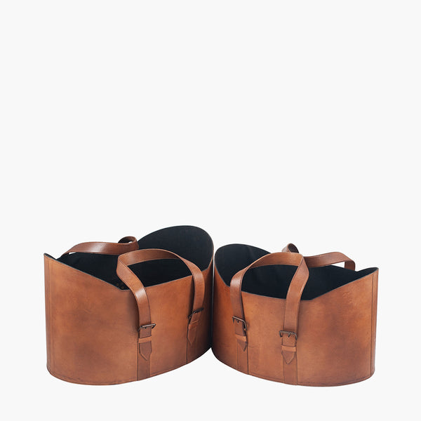 Brown Leather Storage Baskets - Set of Two