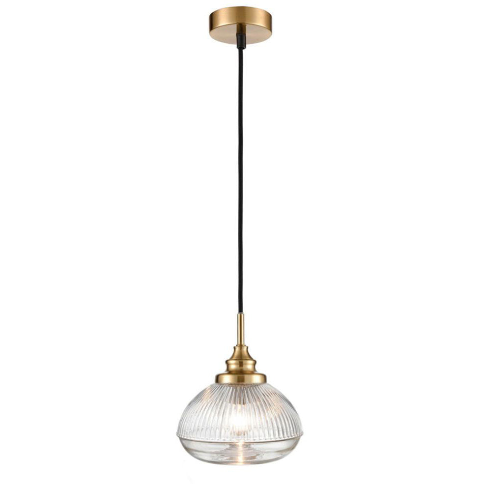 A ribbed glass pendant on beautifully designed brushed brass fittings. Perfect hallways, living room or kitchen light.