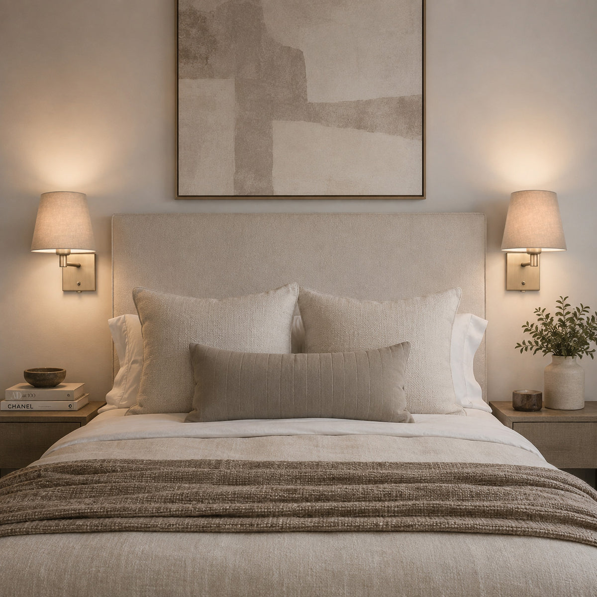 A contemporary wall light combining a brass metal frame with a softly tapered neutral linen shade 