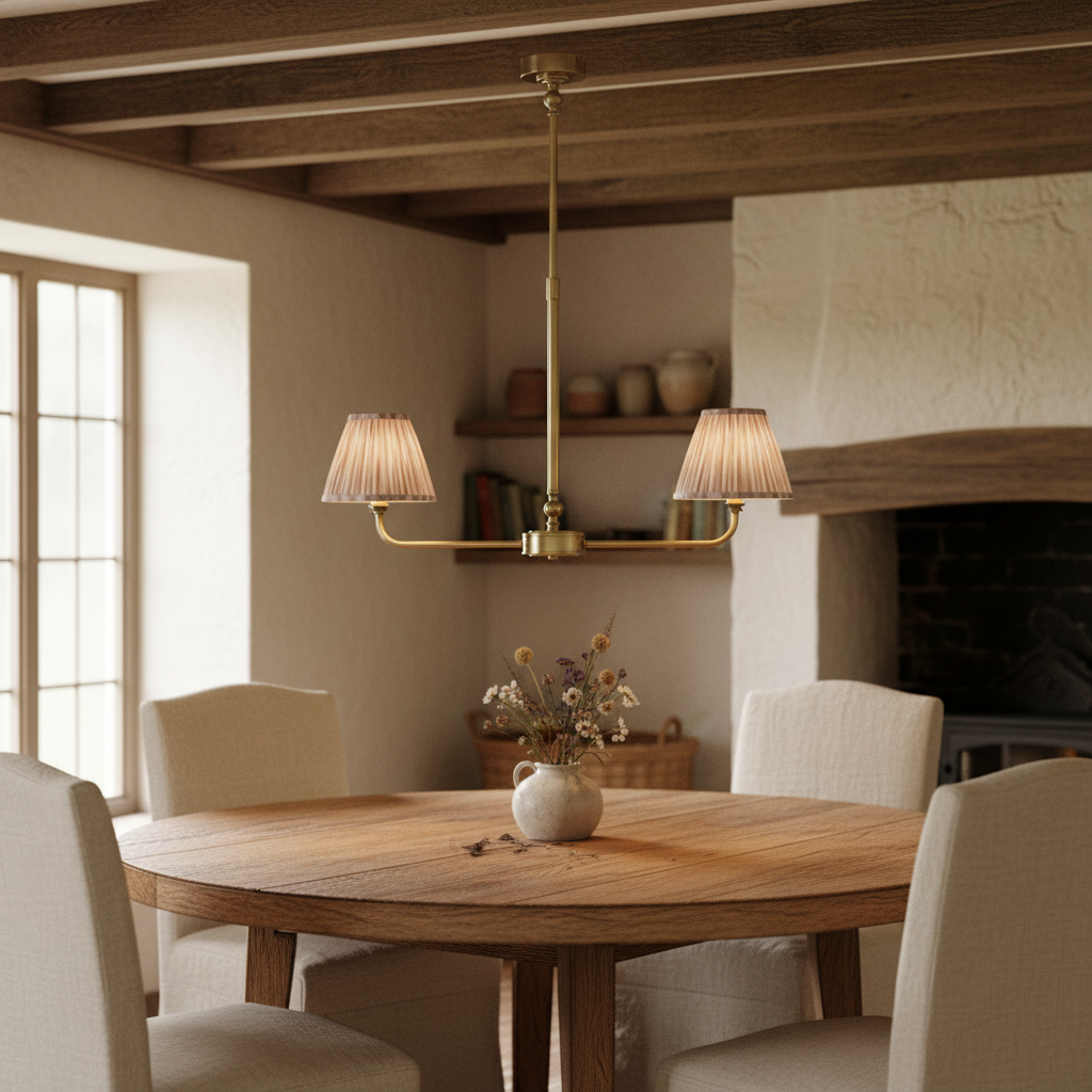 A refined ceiling light featuring an brass frame with two curved arms, each supporting a classic tapered fabric clip shade. 