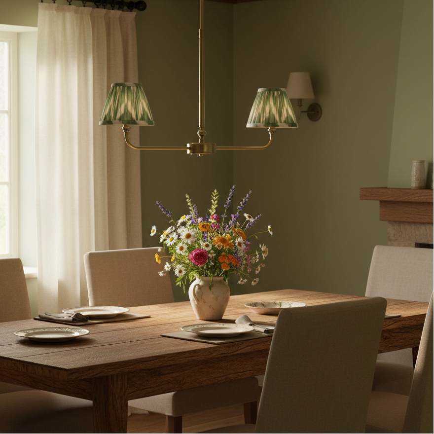 A refined ceiling light featuring an brass frame with two curved arms, each supporting a classic tapered fabric clip shade. 