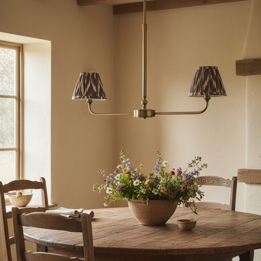 A refined ceiling light featuring an brass frame with two curved arms, each supporting a classic tapered fabric clip shade. 