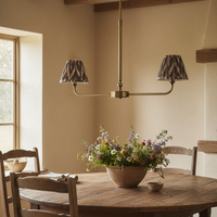 A refined ceiling light featuring an brass frame with two curved arms, each supporting a classic tapered fabric clip shade. 