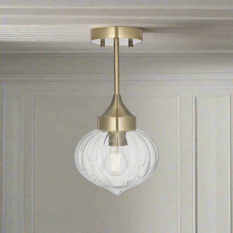 Brushed brass metal and glass flush pendant, so good to find a flush ceiling light which is also pretty. The smallest, neatest flush light peerfect for a bathroom, utility room or small hall.