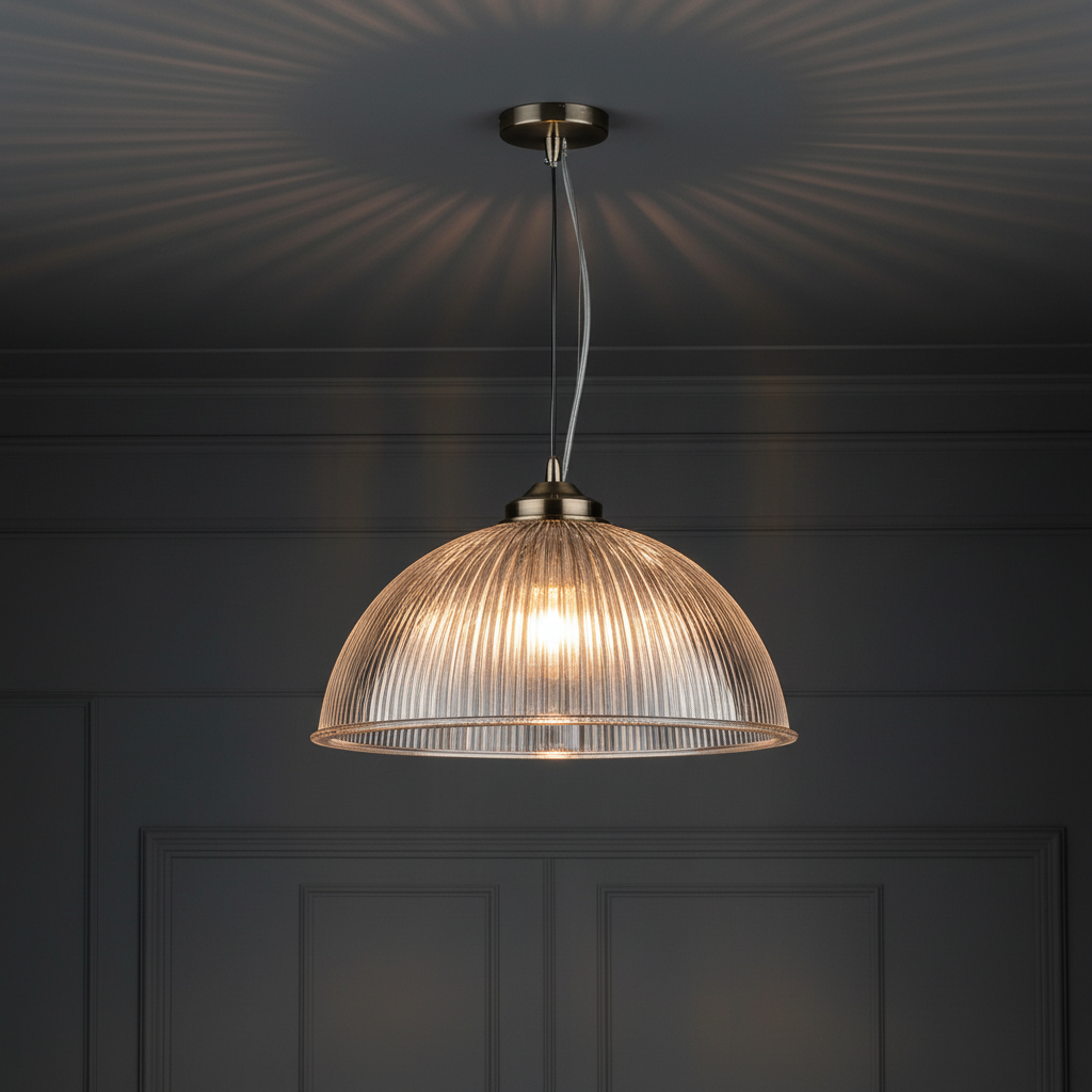 Ribbed glass and antique brass metal pendant light.  Ideal hall light or in a kitchen, over an island, a versatile light to suit any decor.