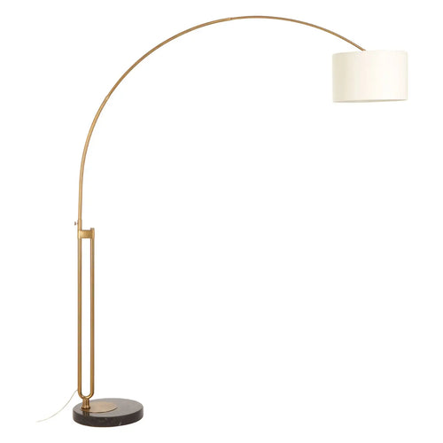 Classic brushed gold metal arc lamp with black marble base and a large sweep to  add the perfect mood lighting to any room. Sophisticated, classic lamp.  H: 213 cm W: 178 cm D: 41 cm