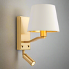Small polished brass&nbsp; wall light with a smart satin white shade with gold inner taking this light to the next level.&nbsp; Directional spot reading light attached.&nbsp; Two switches are on the light to operate the upper shaded section and or the lower reading light which can be rotated left, right and up and down.