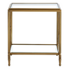 Rectangular Empire style brushed brass metal and glass side table.&nbsp;&nbsp; A robust tempered clear glass table top with a mirrored shelf below adds glamour and luxury to this classic piece.   Classically simple and superb in place.&nbsp;&nbsp; A traditional piece of furniture in a classic style which is perfect for period or contemporary living.&nbsp;   H: 57 cm W: 51 cm D: 30 cm