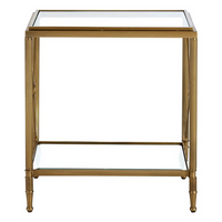 Rectangular Empire style brushed brass metal and glass side table.&nbsp;&nbsp; A robust tempered clear glass table top with a mirrored shelf below adds glamour and luxury to this classic piece.   Classically simple and superb in place.&nbsp;&nbsp; A traditional piece of furniture in a classic style which is perfect for period or contemporary living.&nbsp;   H: 57 cm W: 51 cm D: 30 cm