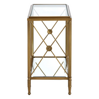 Rectangular Empire style brushed brass metal and glass side table.&nbsp;&nbsp; A robust tempered clear glass table top with a mirrored shelf below adds glamour and luxury to this classic piece.   Classically simple and superb in place.&nbsp;&nbsp; A traditional piece of furniture in a classic style which is perfect for period or contemporary living.&nbsp;   H: 57 cm W: 51 cm D: 30 cm