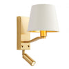 Small polished brass&nbsp; wall light with a smart satin white shade with gold inner taking this light to the next level. Directional spot reading light attached.