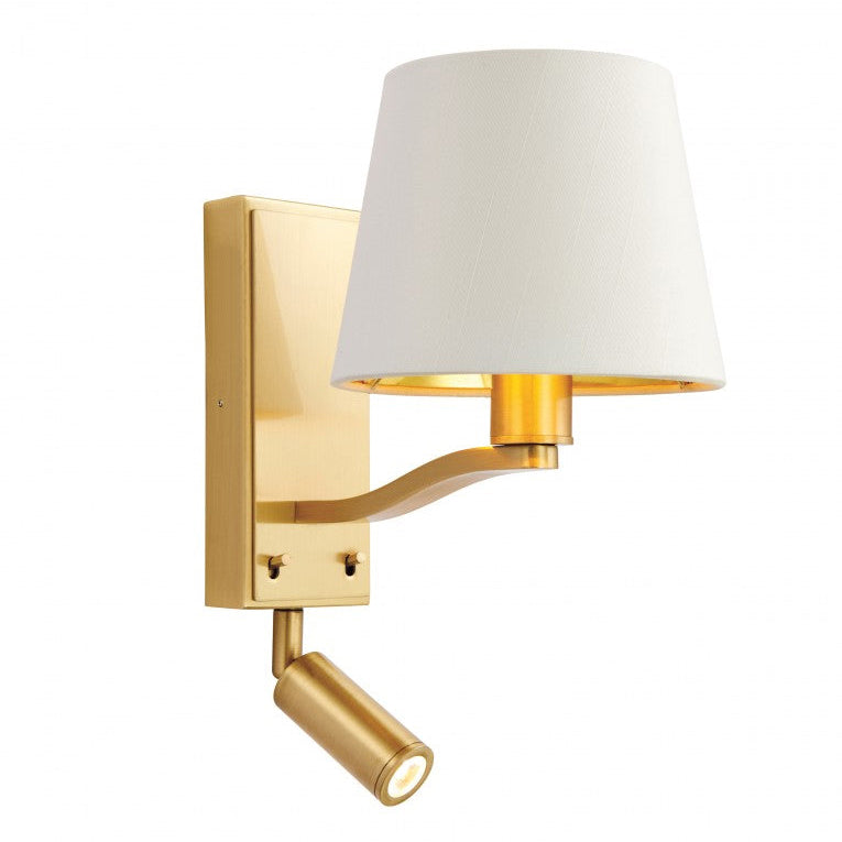 Small polished brass&nbsp; wall light with a smart satin white shade with gold inner taking this light to the next level. Directional spot reading light attached.