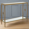 Classic empire style console table with antique brass metal legs and accents and 2 glass shelves. The perfect, elegant console table at home in a city or country home. Slim enough for the narrowest of halls, dramatic enough for a large drawing room.