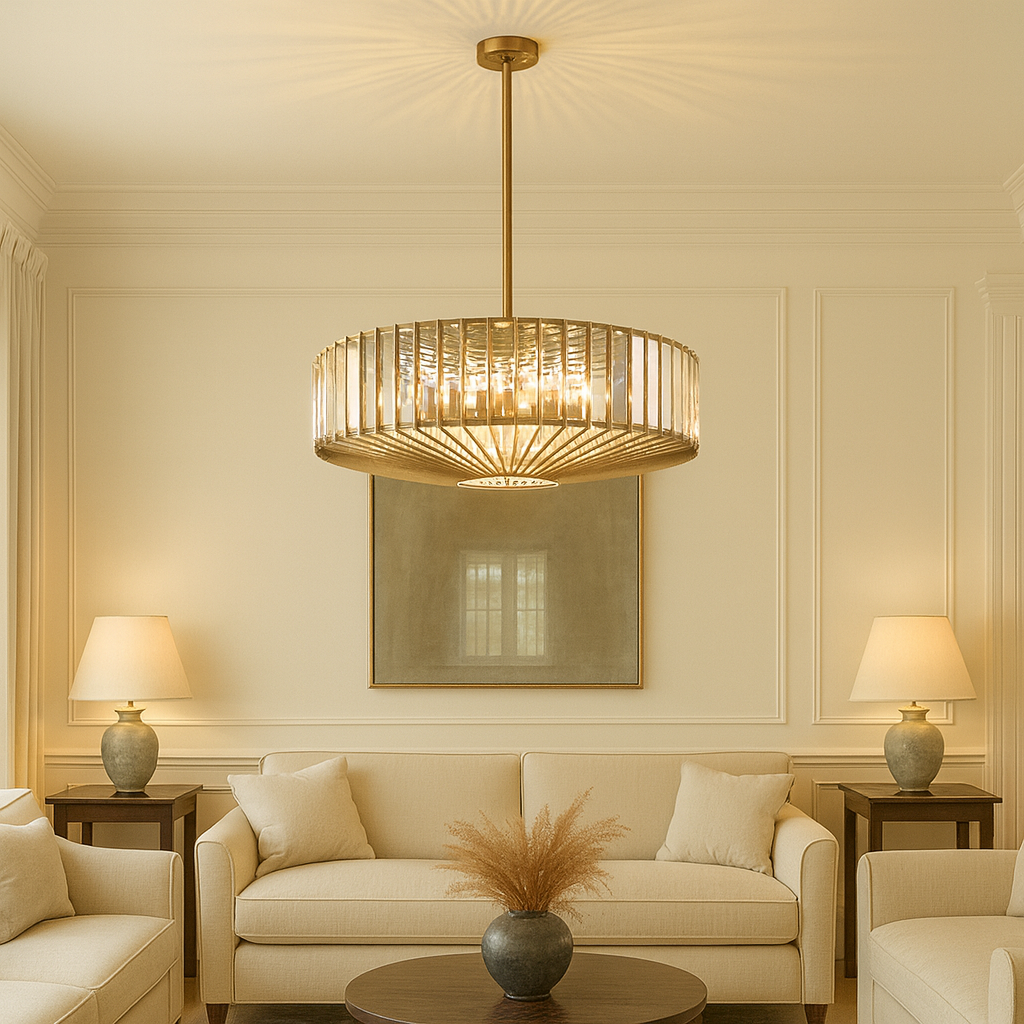 An elegant crystal and bronze chandelier with adjustable height. Its warm glow and geometric design elevate dining rooms, living rooms or hallways