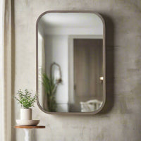Bronzed metal wall mirror with curved corners ,perfect minimalist frame for optimum light reflection. Great bathroom mirror, the curved edges allow the mirror to be hung vertically or horizontally.
