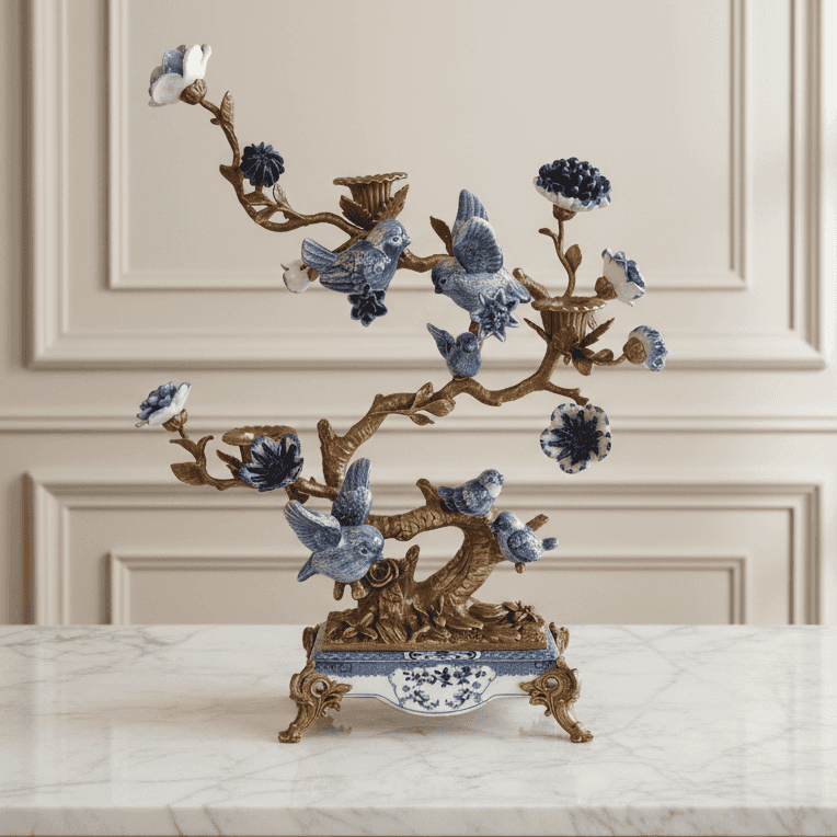 Bronze Bird Candelabra are&nbsp; a luxurious fusion of blue and white porcelain and gleaming bronze. Inspired by Georgian-era craftsmanship,