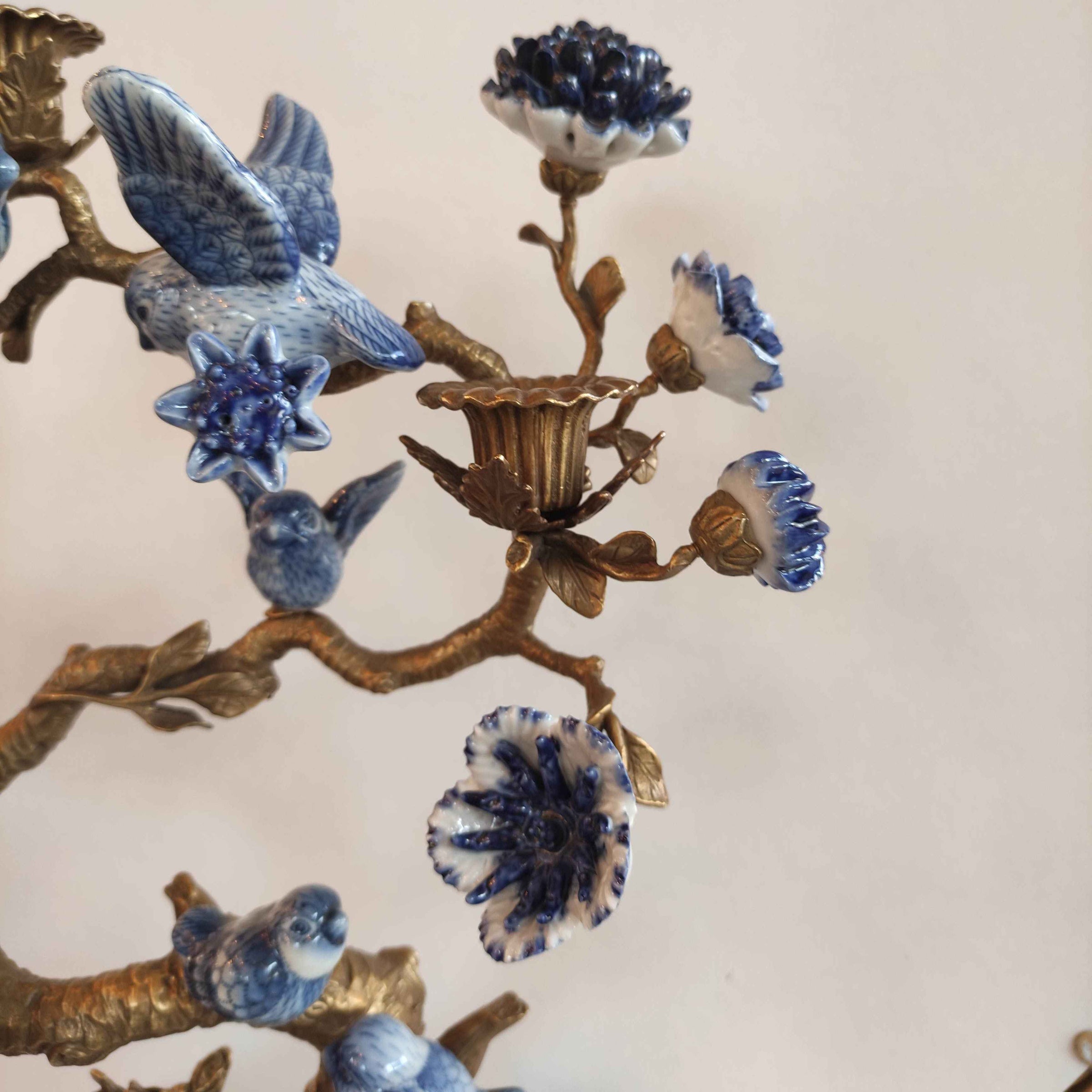 Blue porcelain bird flower candelabra