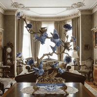 Blue porcelain bird tree candelabra in ornate living room decor