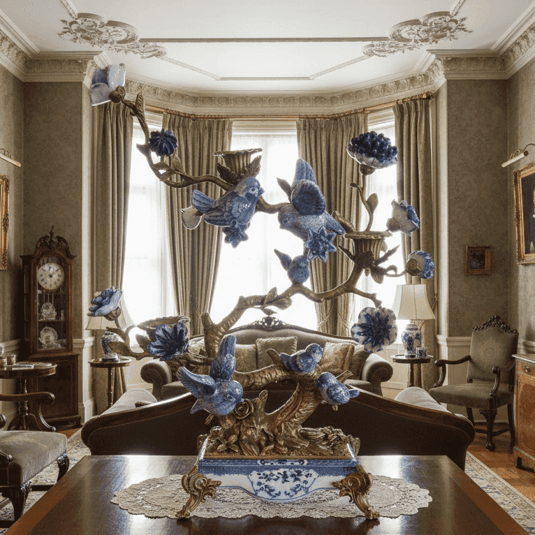Blue porcelain bird tree candelabra in ornate living room decor