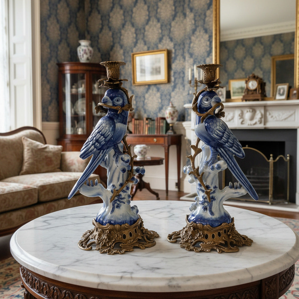 Pair of decorative blue parrot statues on a marble table in an elegant room.