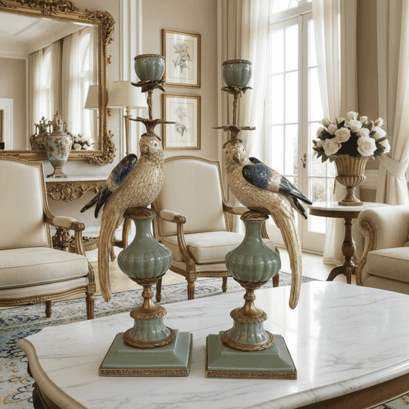 A pair of a colourful porcelain parrot candle holders with gilt bronze detailing. Crafted to exceptional quality, they add luxurious warmth and timeless charm to refined interiors