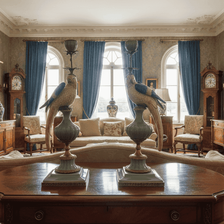 A pair of a colourful porcelain parrot candle holders with gilt bronze detailing. Crafted to exceptional quality, they add luxurious warmth and timeless charm to refined interiors