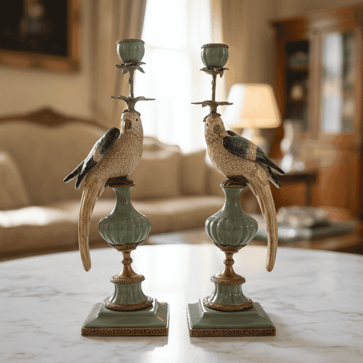A pair of a colourful porcelain parrot candle holders with gilt bronze detailing. Crafted to exceptional quality, they add luxurious warmth and timeless charm to refined interiors