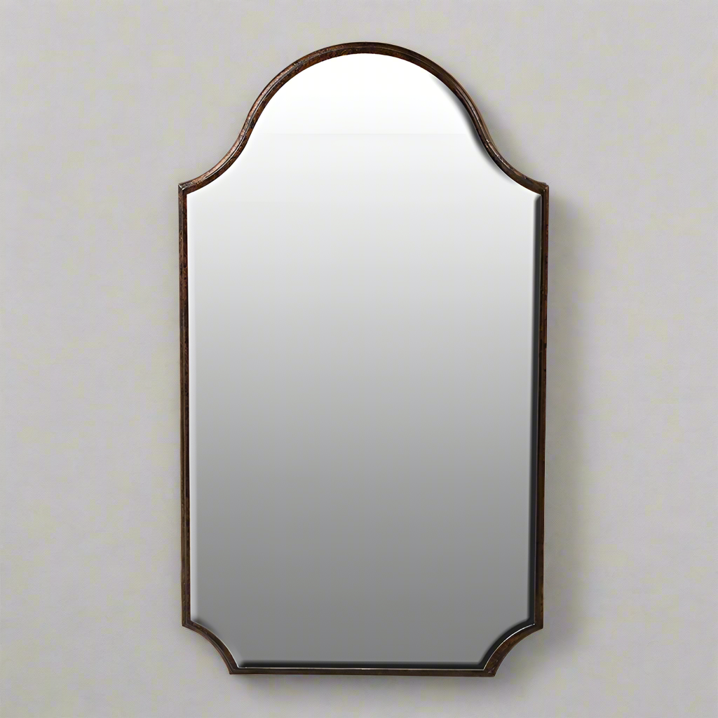 The perfect compact mirror, great for cloakroom or small bedroom, very pretty shape with beveled edges to spread light. The bronze metal frame will work with so many interiors.