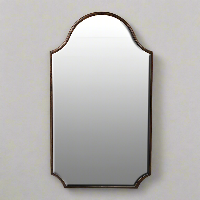 The perfect compact mirror, great for cloakroom or small bedroom, very pretty shape with beveled edges to spread light. The bronze metal frame will work with so many interiors.