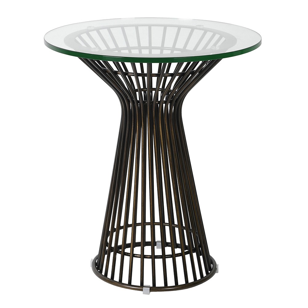 A stylish, elegant side table with a circular glass top.&nbsp; The base is an hour glass shape formed by vertical bronze rods that curve in just below the top and flares out at the base of the table.

The overall effect is of an open, airy feel with a definite structured shape, A modern mid-century styled piece that would work well in a contemporary or industrial interior.