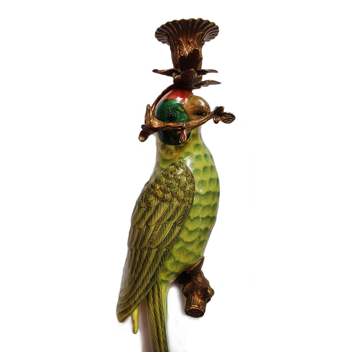 We now have our bronze and porcelain parrots as wall lights.&nbsp; These unusual candle holders would be a stunning focal point on any wall, comprising of bronze candle sconces linked to a scroll of bronze at the mouth of the parrot.&nbsp; The body of the parrot is stylised in a rich green glaze with feather detailing and elongated tails. They are exquisitely made and are an heirloom piece that will add luxury to your home.