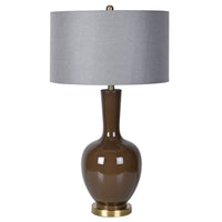 Dark Brown Ceramic Lamp & Grey Shade
