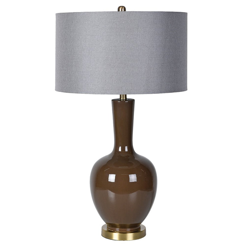 Dark Brown Ceramic Lamp & Grey Shade