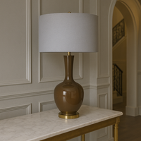 Dark Brown Ceramic Lamp & Grey Shade