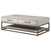A pale grey and brushed gilt metal coffee table with two drawers and a lower shelf, rectangular in shape.