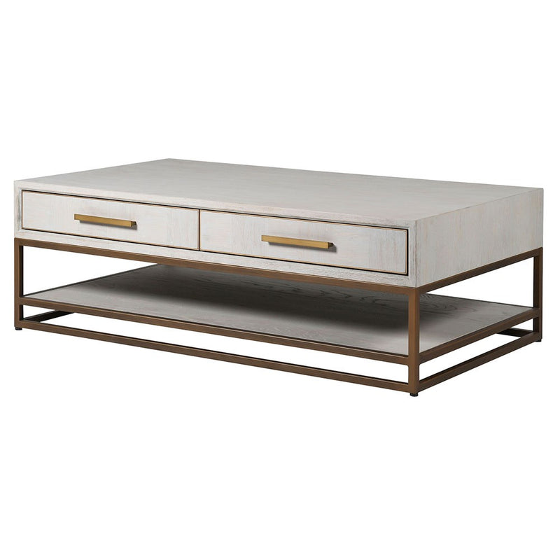 A pale grey and brushed gilt metal coffee table with two drawers and a lower shelf, rectangular in shape.