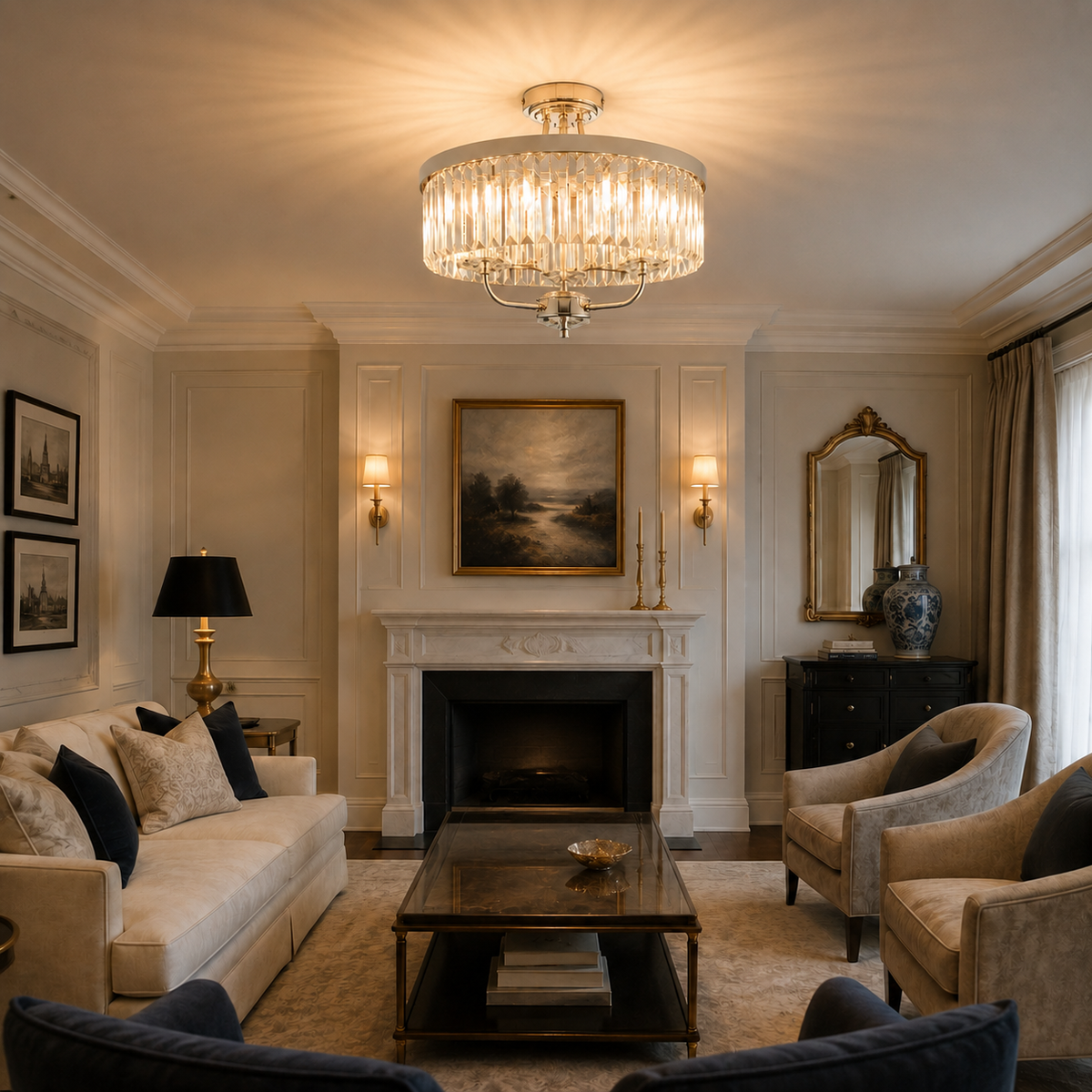 Elegant living room with a polished brass table lamp, cream sofa with black and beige pillows, and a marble fireplace with a landscape painting above