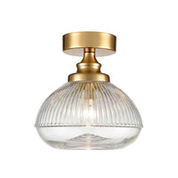 Brushed brass metal and clear ribbed glass flush pendant, perfect for a low ceiling, so good to find a flush ceiling light which is also pretty. Perfect lighting for the hall, landing or bathroom.