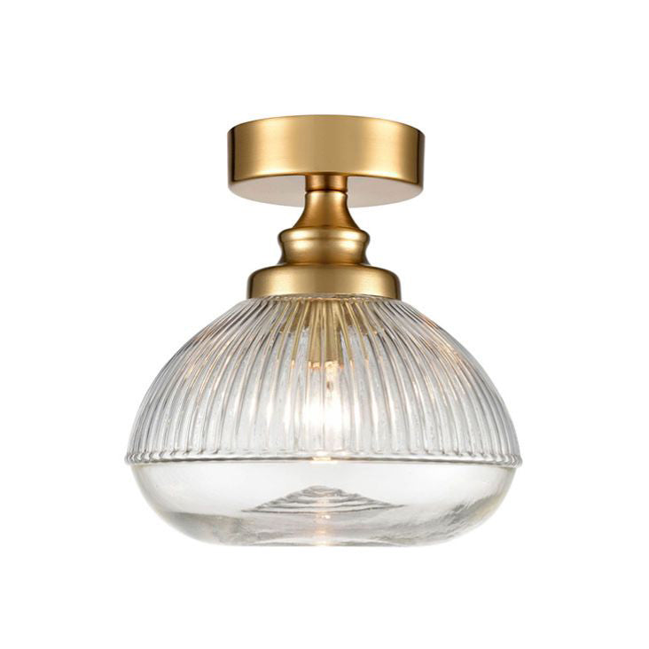 Brushed brass metal and clear ribbed glass flush pendant, perfect for a low ceiling, so good to find a flush ceiling light which is also pretty. Perfect lighting for the hall, landing or bathroom.