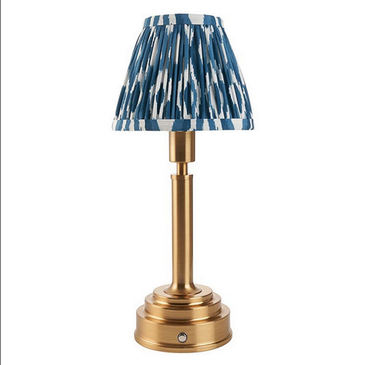 Brushed gold, rechargeable table lamp with a USB port. This portable, rechargeable 3 stage touch dimmer table lamp