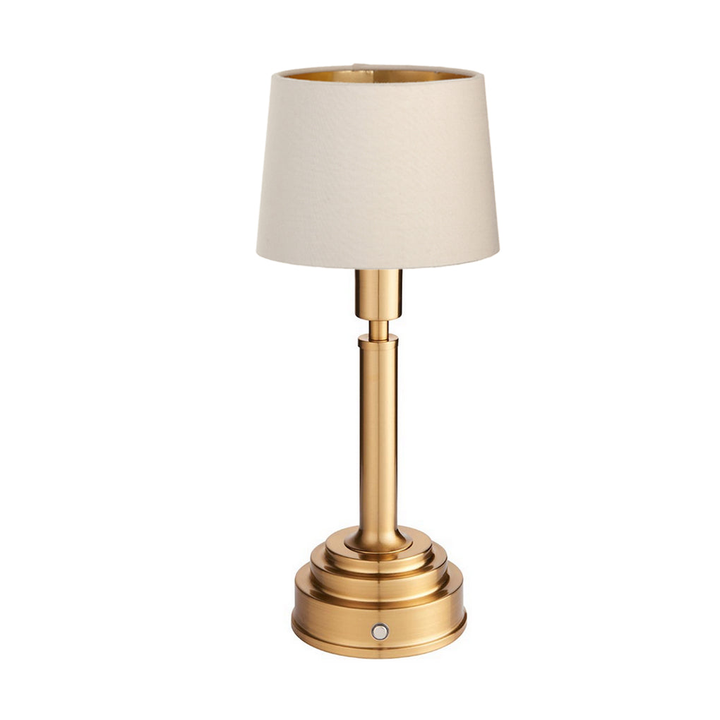 Brushed gold, rechargeable table lamp with a USB port. This portable, rechargeable 3 stage touch dimmer table lamp