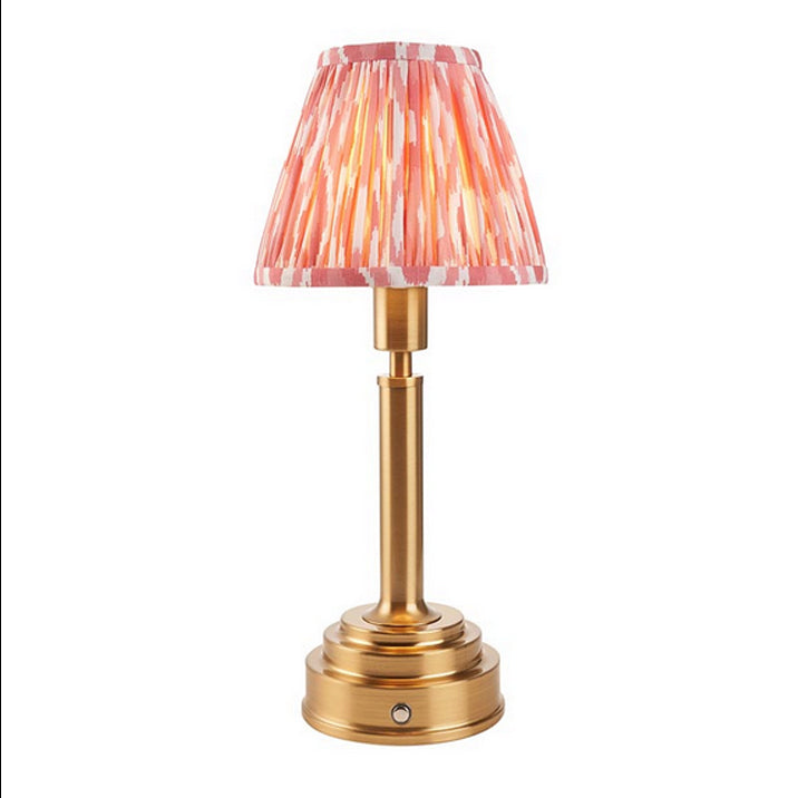 Brushed gold, rechargeable table lamp with a USB port. This portable, rechargeable 3 stage touch dimmer table lamp