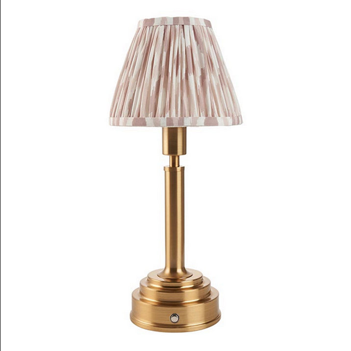 Brushed gold, rechargeable table lamp with a USB port. This portable, rechargeable 3 stage touch dimmer table lamp