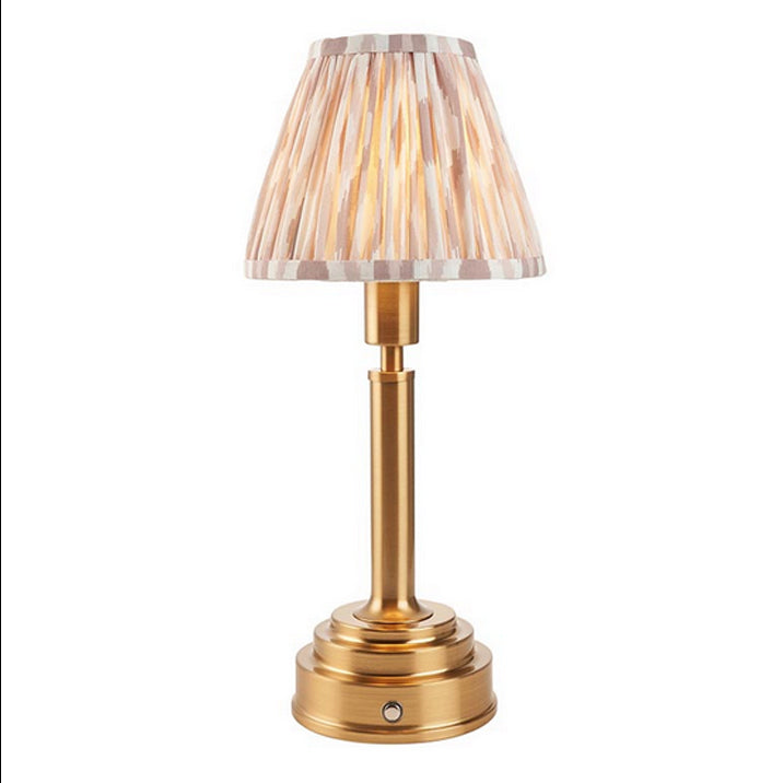 Brushed gold, rechargeable table lamp with a USB port. This portable, rechargeable 3 stage touch dimmer table lamp