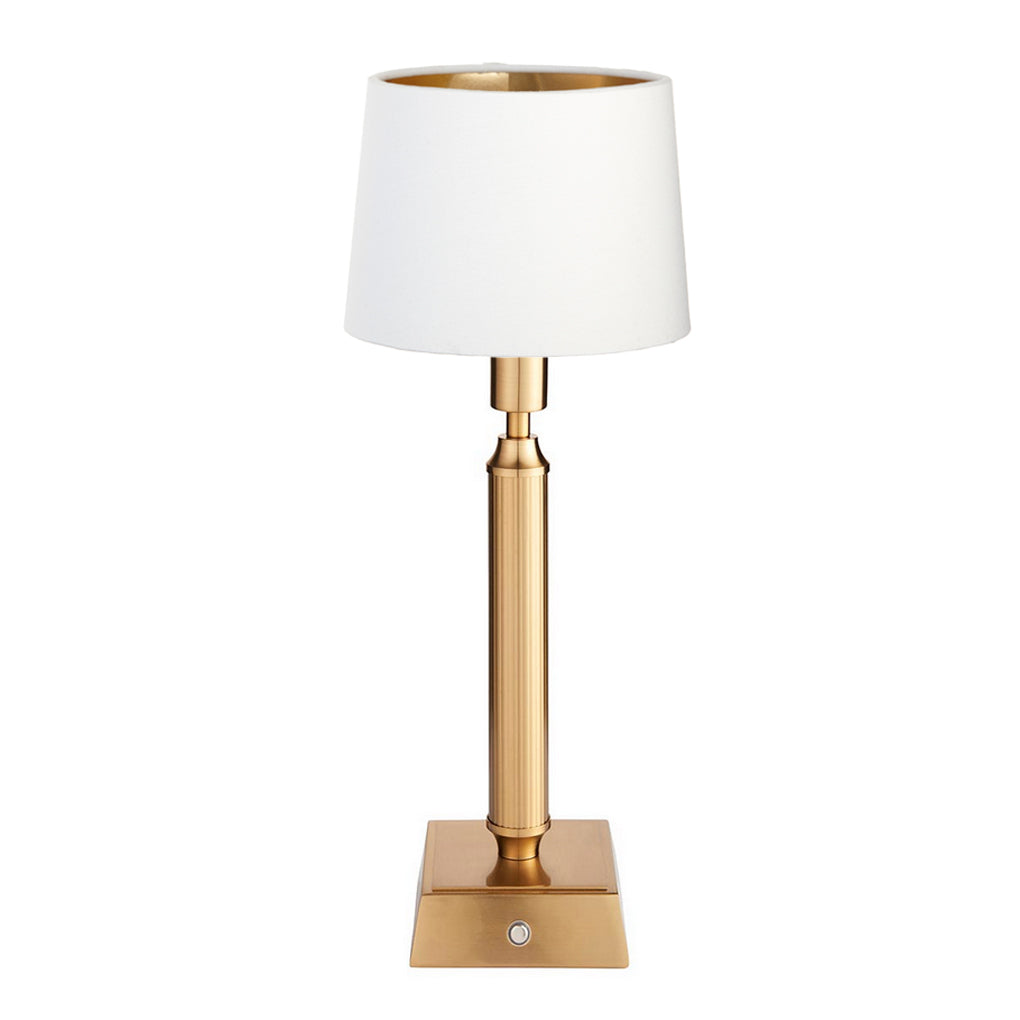 Brushed gold, rechargeable table lamp with a USB port. This portable, rechargeable 3 stage touch dimmer table lamp allows you to set your desired level of light. 