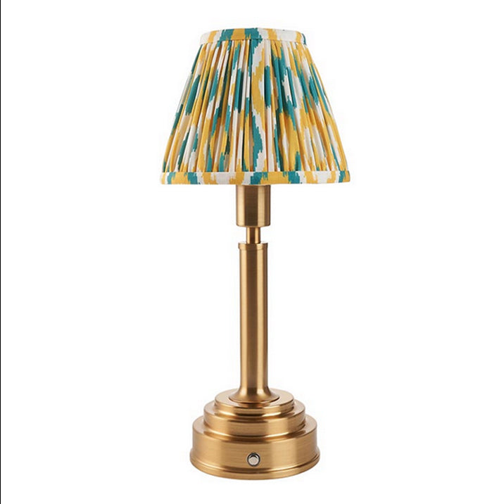 Brushed gold, rechargeable table lamp with a USB port. This portable, rechargeable 3 stage touch dimmer table lamp