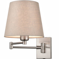 Contemporary brushed nickel swing arm wall light with a rectangular backplate, adjustable double-jointed arm and tapered neutral linen shade