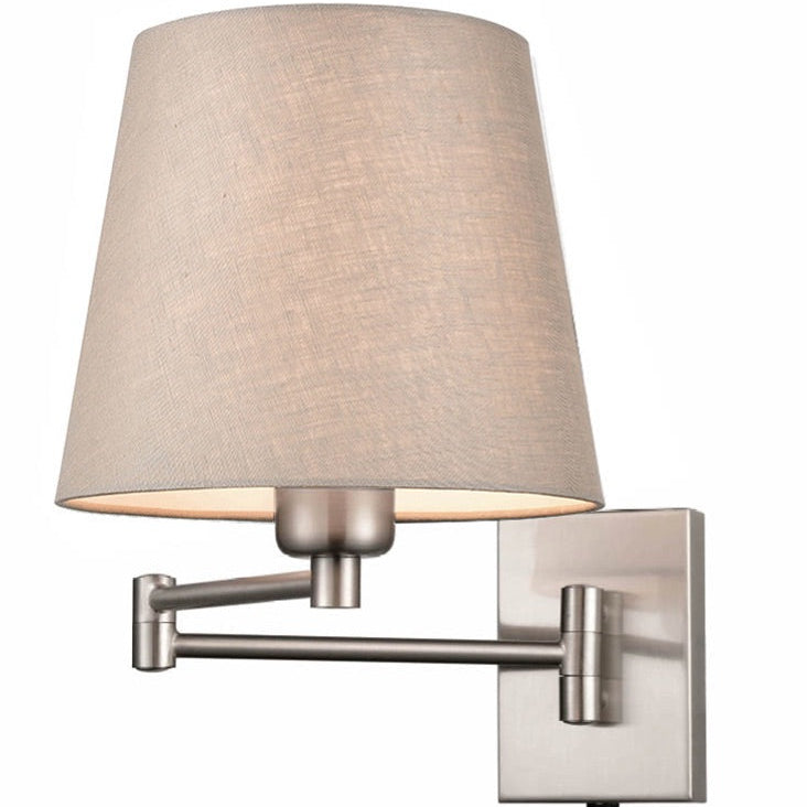 Contemporary brushed nickel swing arm wall light with a rectangular backplate, adjustable double-jointed arm and tapered neutral linen shade