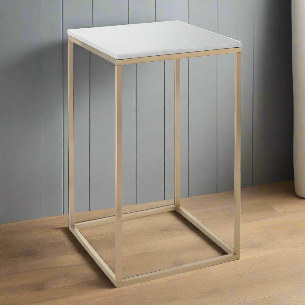 Brushed gold metal base and white marble top side table, so simple, so easy, so luxurious - fantastic addition to any room.&nbsp; The ultimate small, glamorous side table that will add such a great look to any sofa.