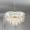 A beautiful nickel plated crystal chandelier. The light consists of a crystal band with a cascading drop of crystal prisms. An unusual large shaped chandelier, a really pretty fitting perfect for a living room or large hall,